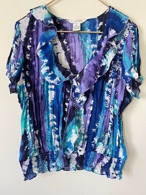 Allison Taylor Y2K fairycore abstract & Teal Ruffle V-Neck Blouse XL